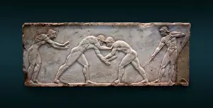 Javelin Prints: Front scene of the Ball Player Base showing athletes wrestling in the Palaestra