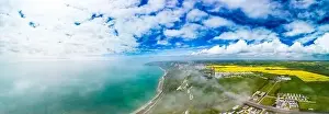 Scenic aerial drone view of Samphire Hoe Country Park with white cliffs, Dover, south England