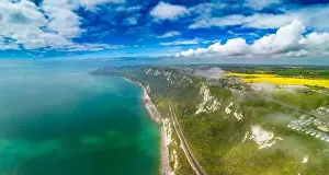 Scenic aerial drone view of Samphire Hoe Country Park with white cliffs, Dover, south England