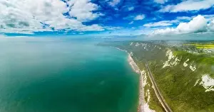 Dover Prints: Scenic aerial drone view of Samphire Hoe Country Park with white cliffs