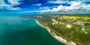 Scenic aerial drone view of Samphire Hoe Country Park with white cliffs, Dover, south England