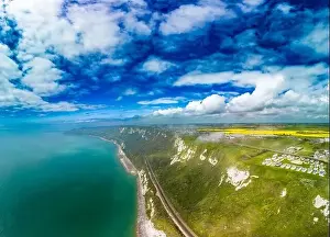 Scenic aerial drone view of Samphire Hoe Country Park with white cliffs, Dover, south England