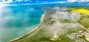 Scenic aerial drone view of Samphire Hoe Country Park with white cliffs, Dover, south England