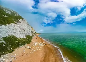 Dover Prints: Scenic aerial drone view of Samphire Hoe Country Park with white cliffs