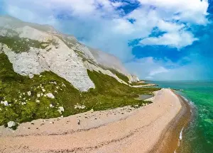 Scenic aerial drone view of Samphire Hoe Country Park with white cliffs, Dover, south England