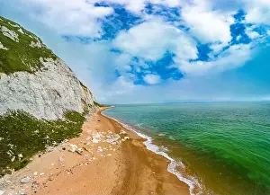 Scenic aerial drone view of Samphire Hoe Country Park with white cliffs, Dover, south England