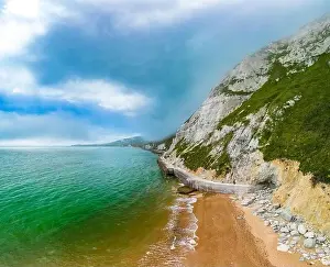 Scenic aerial drone view of Samphire Hoe Country Park with white cliffs, Dover, south England