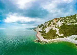 Dover Prints: Scenic aerial drone view of Samphire Hoe Country Park with white cliffs