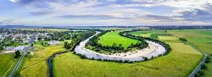 Travel Locations Prints: Scenic aerial panorama of beautiful river and green pastures in Australia
