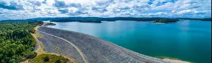 Melbourne Park Prints: Scenic aerial panorama of Cardinia Reservoir lake and dam wall on overcast day