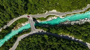 River Bridge Prints: Scenic Aerial Shot of Napoleon Bridge Across Turquoise Waters of Soca River, Slovenia