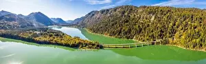 Karwendel Prints: Scenic aerial view of the bridge over Lake Sylvenstein with beautiful reflections