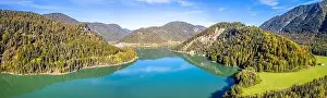 Karwendel Prints: Scenic aerial view of the bridge over Lake Sylvenstein with beautiful reflections