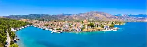 Galaxidi Prints: Scenic aerial view of Galaxidi village with colorful buildings, Greece