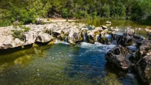 Austin Prints: Scenic aerial view of Sculpture Falls via Barton Creek Greenbelt Trail in Austin Texas at summer