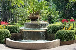 Water Fountain Prints: scenic cascade fountain with tropical flora in Singapore Botanical garden