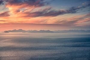 Images Dated 22nd July 2017: Scenic landscape with golden sunset and mountains at summer night in Lofoten, Norway