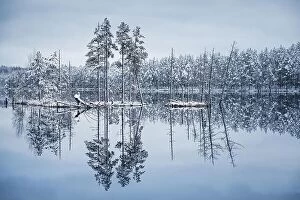 Images Dated 27th October 2017: Scenic landscape with lake reflection and snow at winter evening