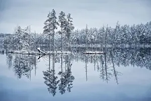 Scenic landscape with lake reflection and snow at winter evening