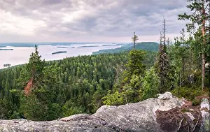 Scenic landscape with lake and sunset at evening in Koli, national park