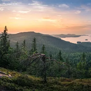 Scenic landscape with lake and sunset at evening in national park