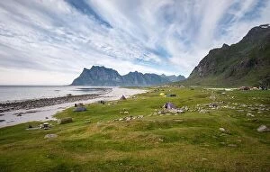 Images Dated 24th July 2017: Scenic landscape with mountain and camping area at summer evening in Lofoten Island, Norway