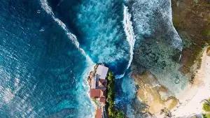 Vacation Destinations Prints: Scenic landscape with rocks on coastline and blue ocean with waves in Lembongan island