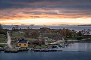 Images Dated 13th October 2016: Scenic landscape with sunset and idyllic village in Gulf Of Finland