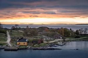 Horizon House Prints: Scenic landscape with sunset and idyllic village in Gulf Of Finland