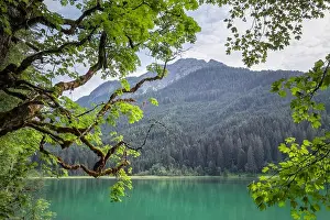 Day Sky Prints: Scenic mountain landscape with turquoise alp lake at sunny and bright summer day in Austria Alps