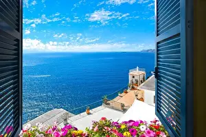 Sorrento Prints: Scenic open window view of the Mediterranean Sea from a room along the Amalfi Coast near Sorrento