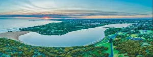 Hopkins River Prints: Scenic panorama of Hopkins River and ocean coastline in Warrnambool, Australia