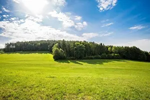 Scenic panoramic view of idyllic rolling hills landscape with blooming meadows and alpine mountain background. Green spring summer landscape