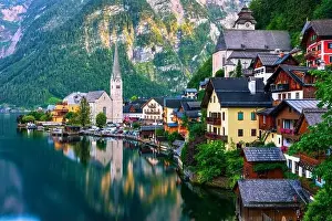 Upper Austria Prints: Scenic picture-postcard view of famous Hallstatt mountain village in the Austrian Alps