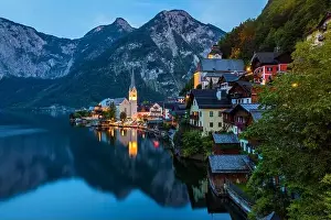 Upper Austria Prints: Scenic picture-postcard view of famous Hallstatt mountain village in the Austrian Alps