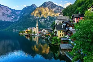 Upper Austria Prints: Scenic picture-postcard view of famous Hallstatt mountain village in the Austrian Alps