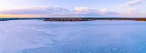 Pink Lake Prints: Scenic pink salt lake at dawn in Australia - aerial panorama
