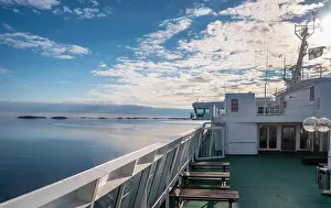 Scenic sea landscape with reflection and sunny day at ship deck in Gulf Of Finland