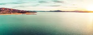 Scenic sunset over beautiful lake in Australia - aerial panorama