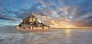 Historical Site Prints: Scenic sunset view of the tidal island of Mont Saint Michel at high tide surrounded