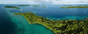 A scenic tropical island is fringed by a healthy coral reef in the Solomon Islands. This beautiful country is home to spectacular marine biodiversity