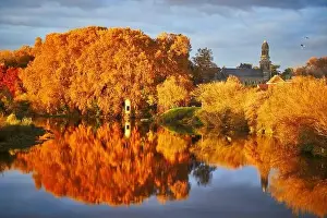 Vienne Prints: Scenic view of autumn forest and river Vienne near medieval castle of Les Ormes, France