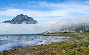 Images Dated 25th July 2017: Scenic view from the beach with mountains against the blue sky in the Lofoten, Norway