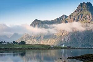Images Dated 26th July 2017: Scenic view with idyllic house and mountains at summer evening in Lofoten, Norway