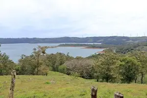 Rica Prints: a Scenic view of lush green trees growing on hilly terrain against cloudy sky with lake arenal in costa rica