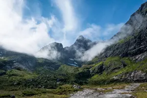 Scenic view from mountain peak at bright summer day in Lofoten, Norway