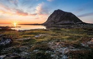 Images Dated 24th July 2017: Scenic view with sunset and mountain at summer night in Lofoten, Norway