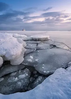 Gulf Of Finland Prints: Scenic winter landscape with cruise and sunset at cold evening in Helsinki, Finland