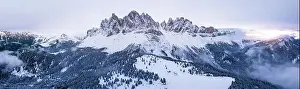 Geisler Prints: Scenic winter mountain landscape in Alps with aerial panoramic view of Geisler Peaks from Adolf Munkel trail in Zanser