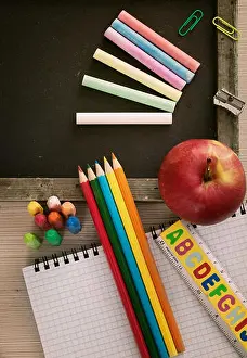 Back To School Prints: School objects for students. Chalkboard, pencils, crayons and apple